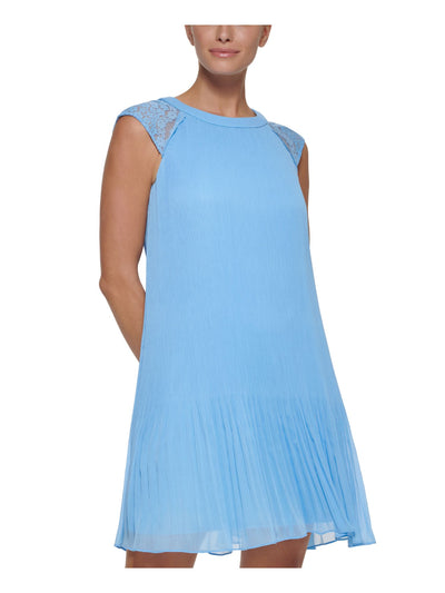 DKNY Womens Light Blue Pleated Lace Hook And Eye Closure Pullover Cap Sleeve Round Neck Above The Knee Trapeze Dress 2