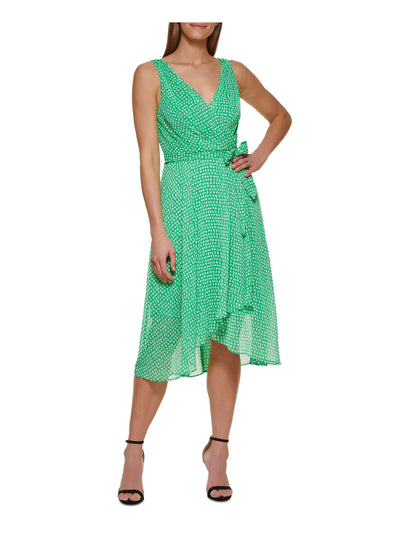 DKNY Womens Green Zippered Sheer V-back Tie Belt Lined Polka Dot Sleeveless Surplice Neckline Midi Evening Fit + Flare Dress 14
