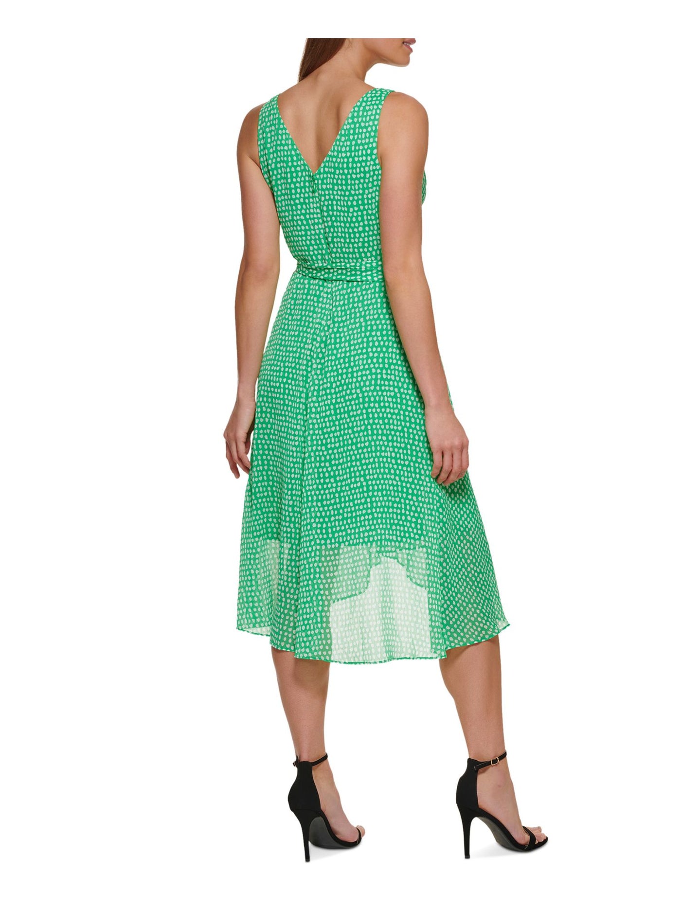 DKNY Womens Green Zippered Sheer V-back Tie Belt Lined Polka Dot Sleeveless Surplice Neckline Midi Evening Fit + Flare Dress 14