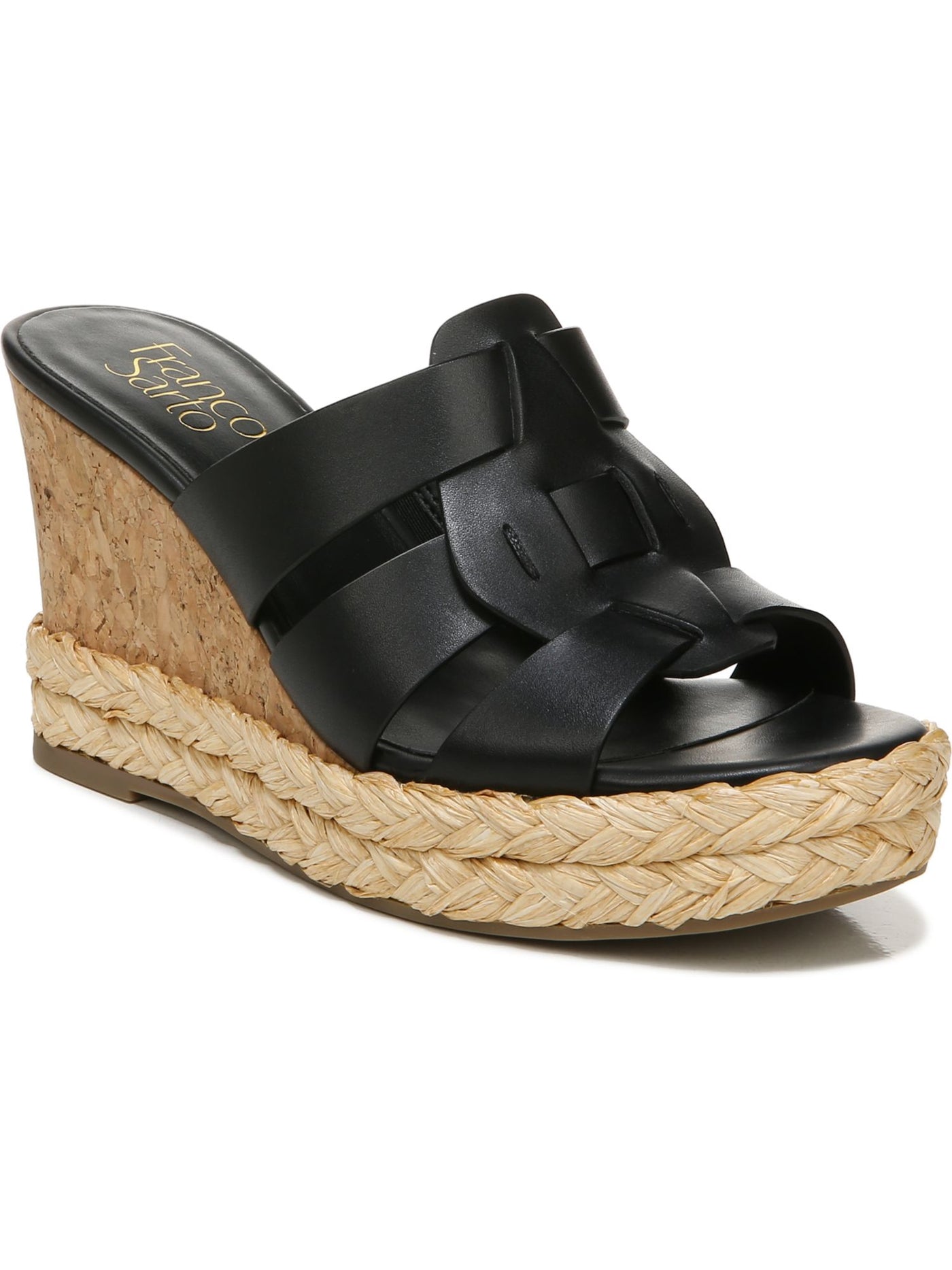 FRANCO SARTO Womens Black Cork 1" Platform Padded Woven Fioret Round Toe Wedge Slip On Leather Espadrille Shoes 7.5 M