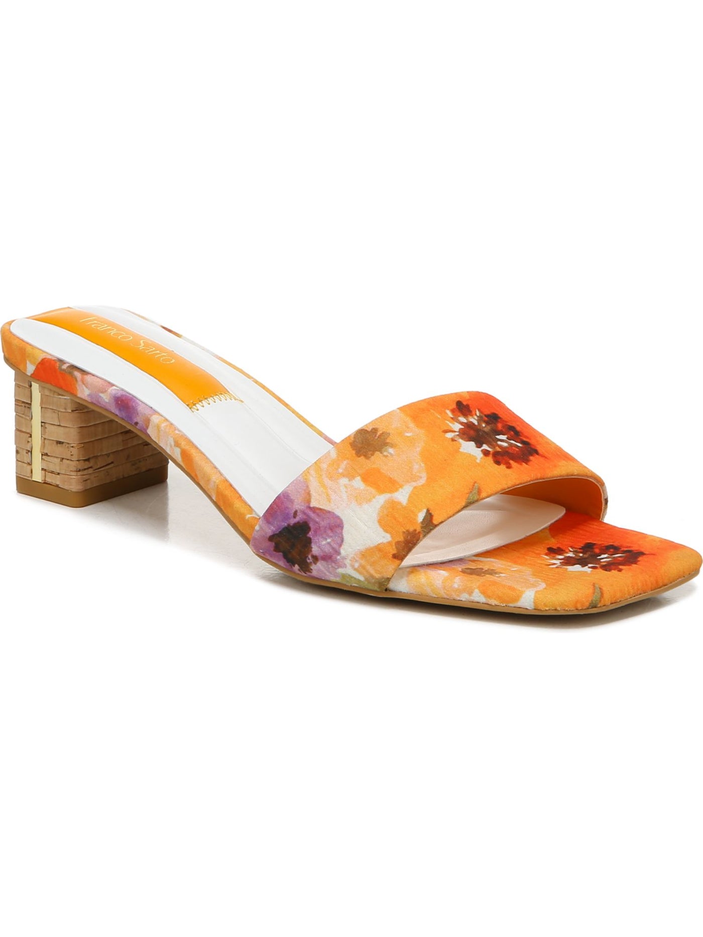 FRANCO SARTO Womens Orange Floral Padded Cruella Square Toe Block Heel Slip On Heeled Sandal 8 M