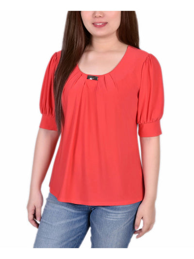 NOTATIONS Womens Coral Pleated Hardware Balloon Sleeve Scoop Neck Top Petites PM
