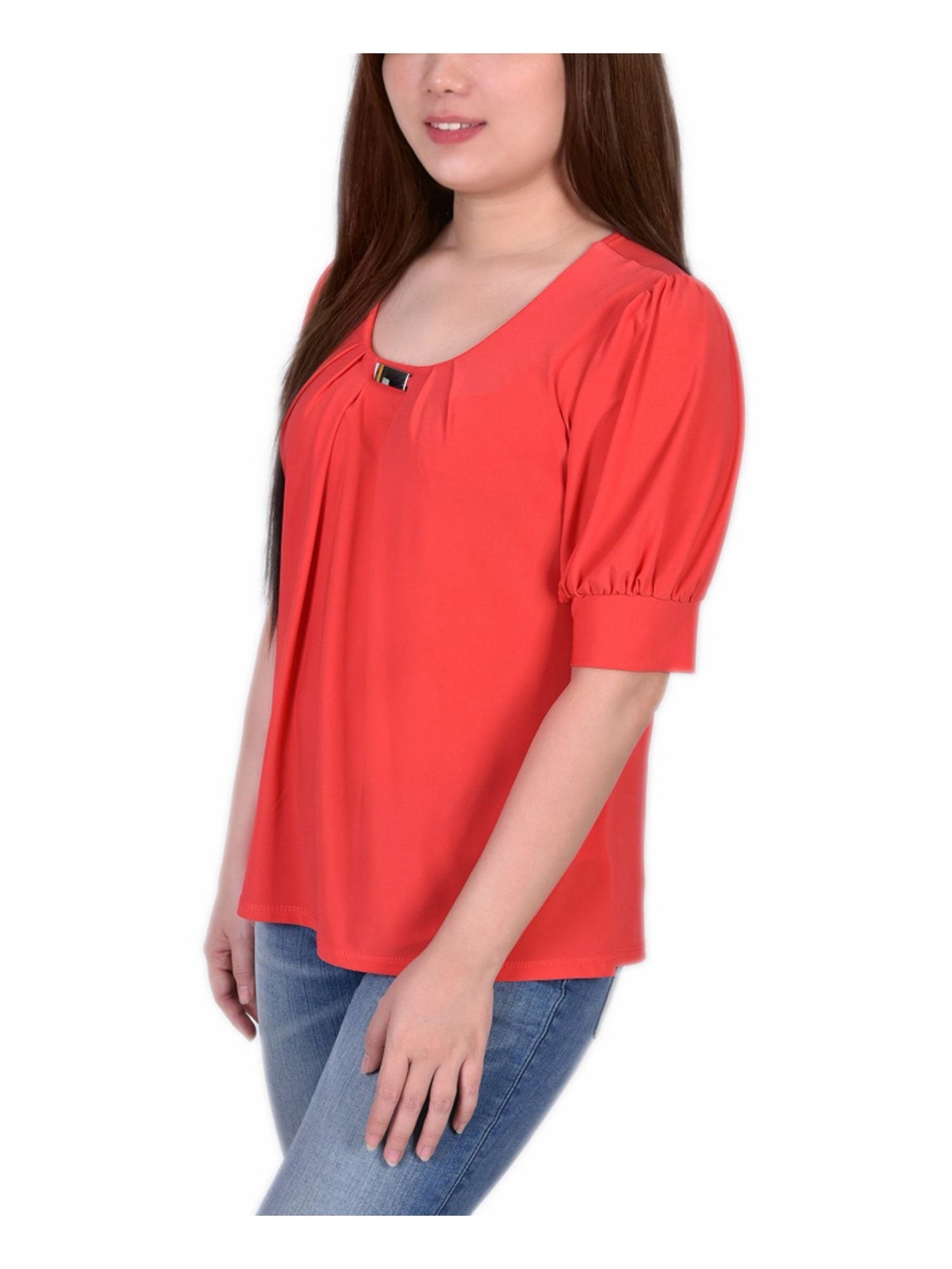 NOTATIONS Womens Coral Pleated Hardware Balloon Sleeve Scoop Neck Top Petites PM