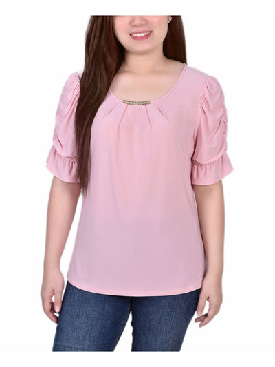 NOTATIONS Womens Pink Pleated Ruched Hardware Accent Elbow Sleeve Scoop Neck Top Petites PM
