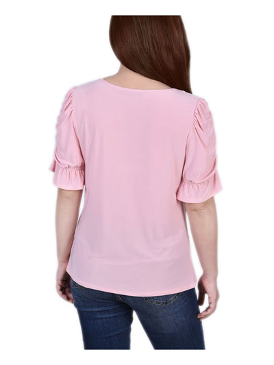NOTATIONS Womens Pink Pleated Ruched Hardware Accent Elbow Sleeve Scoop Neck Top Petites PM