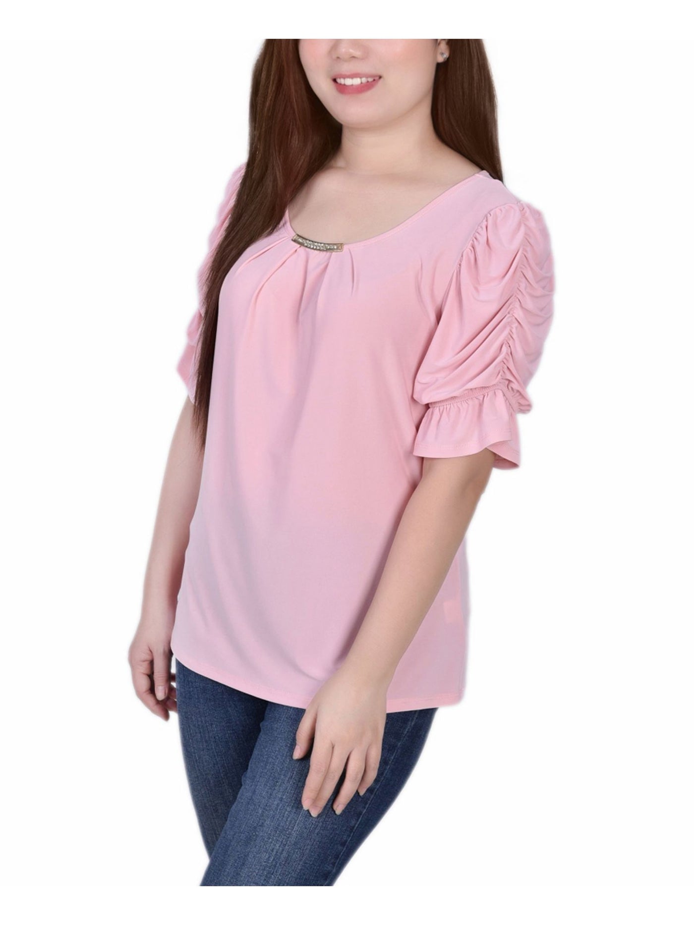 NOTATIONS Womens Pink Pleated Ruched Hardware Accent Elbow Sleeve Scoop Neck Top Petites PM