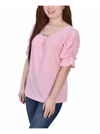 NOTATIONS Womens Pink Pleated Ruched Hardware Accent Elbow Sleeve Scoop Neck Top Petites PM