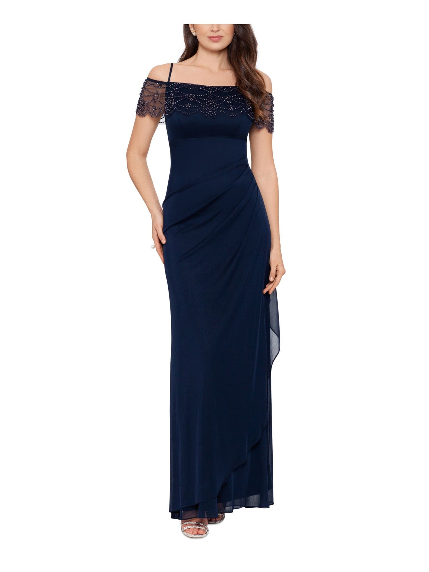 X BY XSCAPE Womens Navy Zippered Ruffled Beaded Cape Detail Lined Spaghetti Strap Off Shoulder Full-Length Evening Gown Dress 8