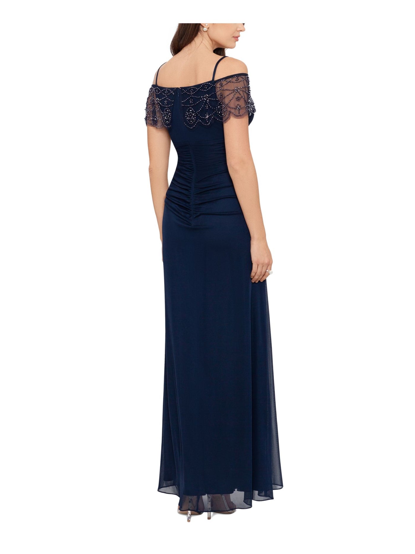 X BY XSCAPE Womens Navy Zippered Ruffled Beaded Cape Detail Lined Spaghetti Strap Off Shoulder Full-Length Evening Gown Dress 8