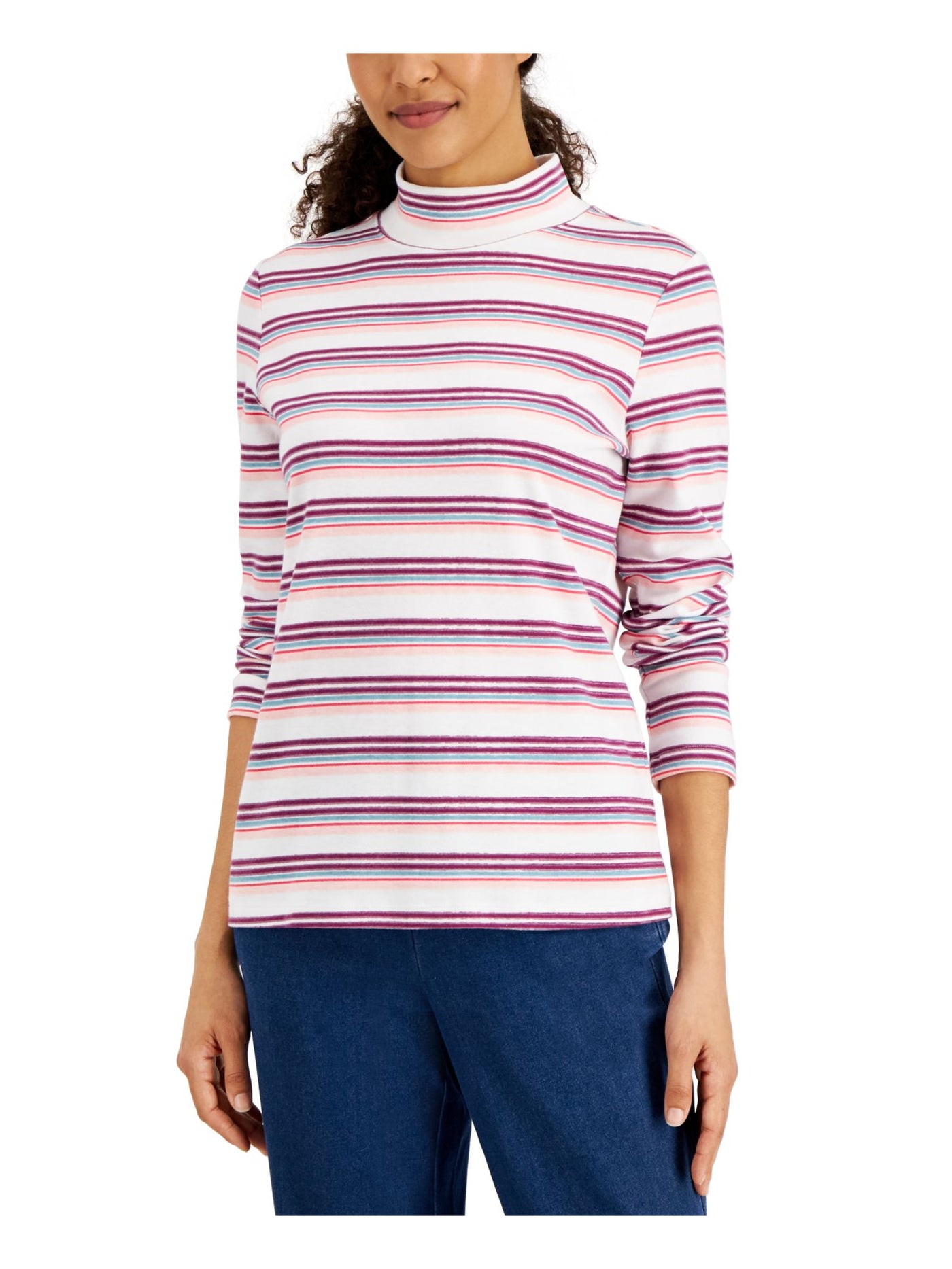 KAREN SCOTT Womens White Striped Long Sleeve Mock Neck Top M