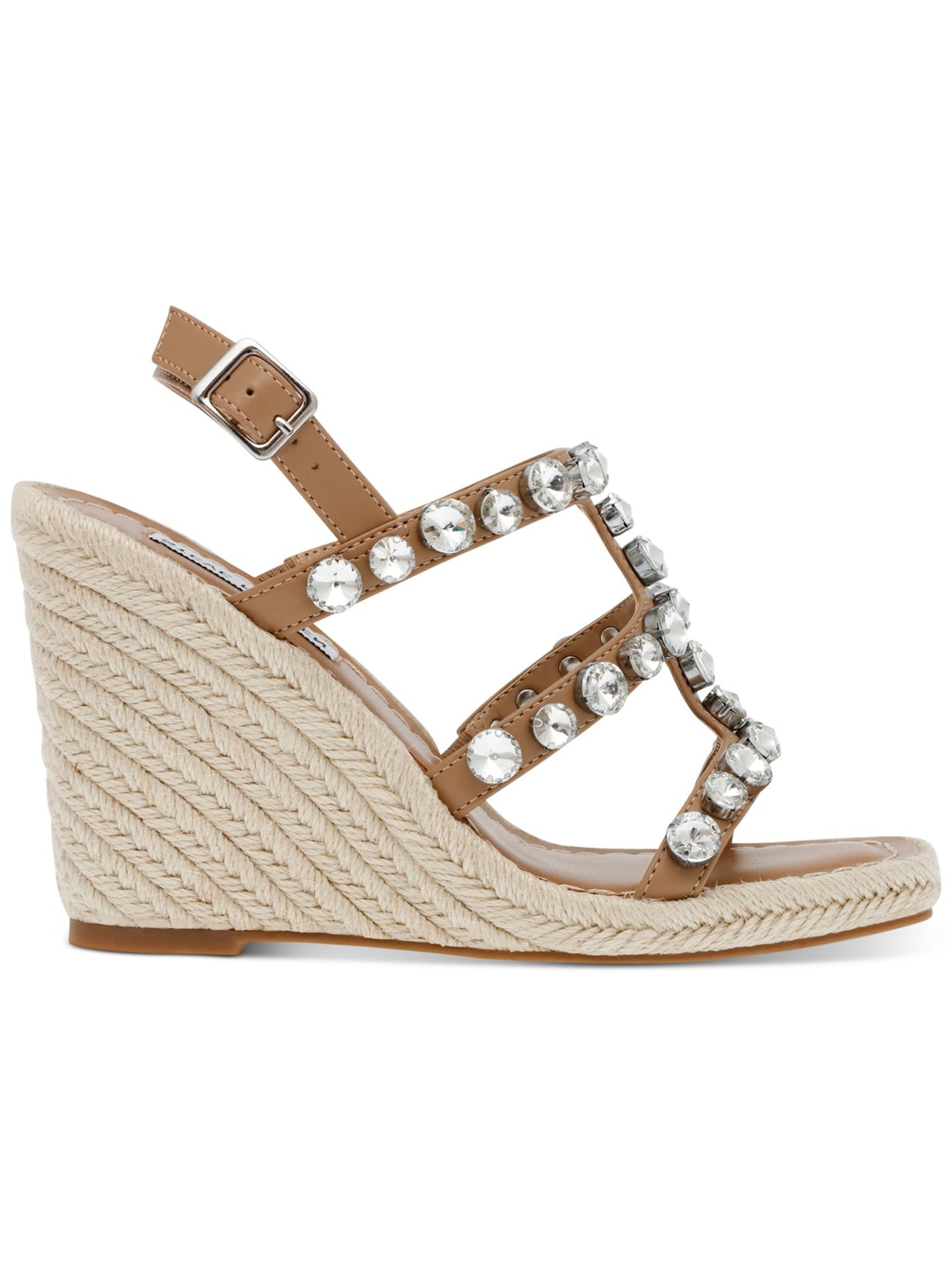 STEVE MADDEN Womens Beige Gem Accent Strappy Upright Square Toe Wedge Buckle Espadrille Shoes 10 M