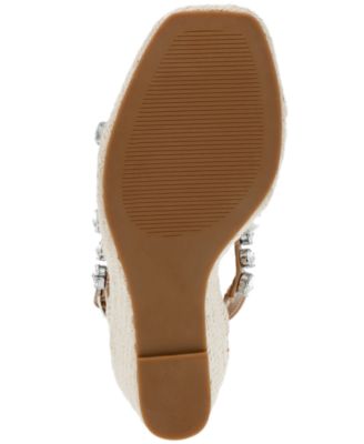 STEVE MADDEN Womens Beige Gem Accent Strappy Upright Square Toe Wedge Buckle Espadrille Shoes M