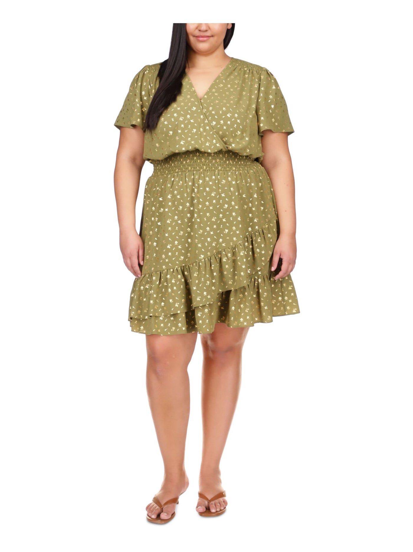 MICHAEL KORS Womens Green Smocked Ruffled Unlined Hook And Eye Closure Printed Short Sleeve V Neck Above The Knee Faux Wrap Dress Plus 0X