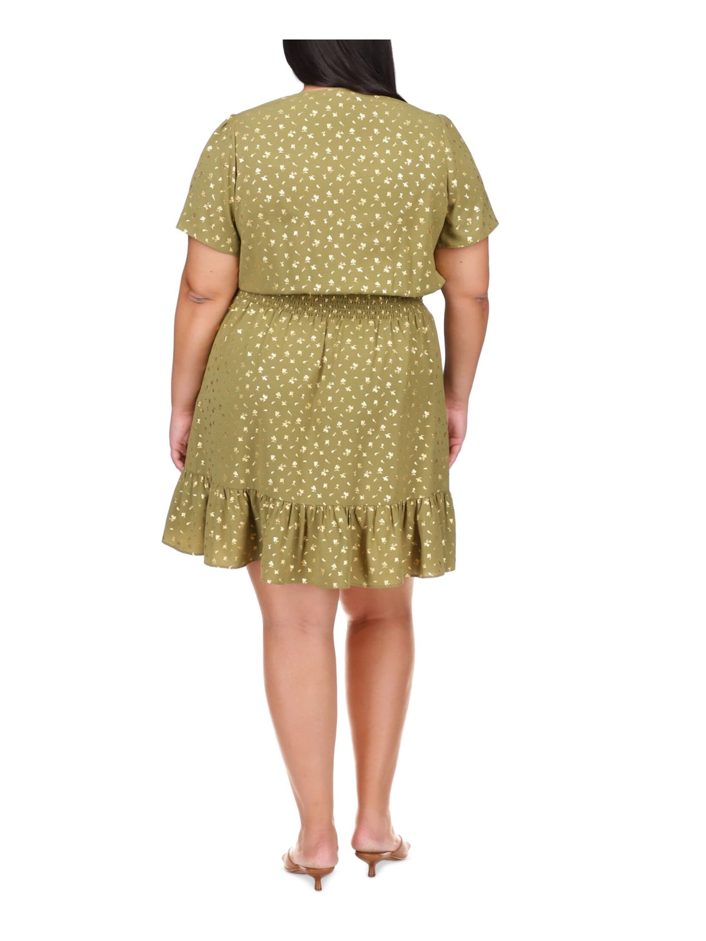 MICHAEL KORS Womens Green Smocked Ruffled Unlined Hook And Eye Closure Printed Short Sleeve V Neck Above The Knee Faux Wrap Dress Plus 0X