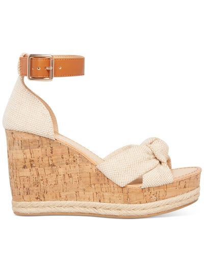 MADDEN GIRL Womens White Patterned Knot Cork Woven 1-1/2" Platform Adjustable Strap Ankle Strap Colette Round Toe Wedge Buckle Heeled Sandal 10 M