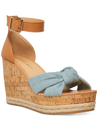 MADDEN GIRL Womens Blue Mixed Media Knot Cork Woven 1-1/2" Platform Adjustable Strap Ankle Strap Colette Round Toe Wedge Buckle Heeled Sandal 9.5 M