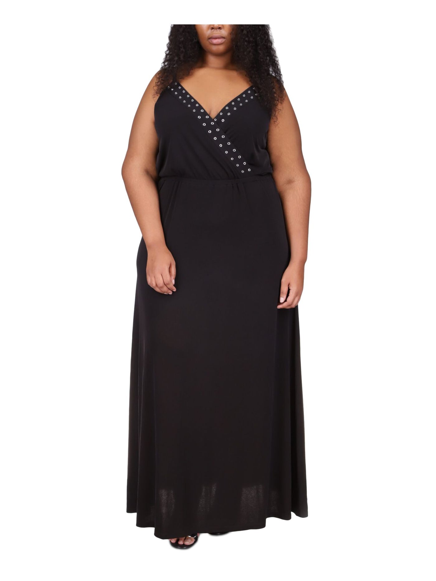 MICHAEL KORS Womens Black Adjustable Sheer Pullover Grommets Detail Unlined Sleeveless V Neck Full-Length Gown Dress Plus 3X
