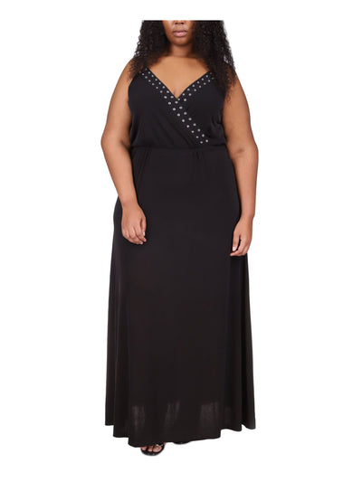 MICHAEL KORS Womens Black Adjustable Sheer Pullover Grommets Detail Unlined Sleeveless V Neck Full-Length Gown Dress Plus 1X