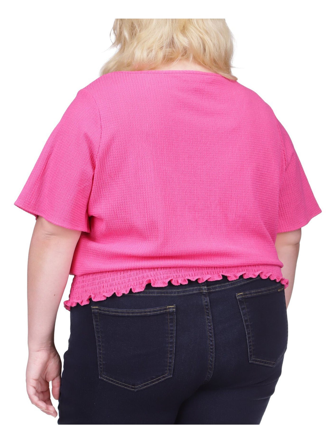 MICHAEL KORS Womens Pink Smocked Textured Flutter Sleeve Crew Neck Top Plus 1X