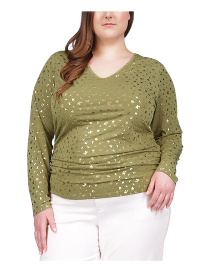 MICHAEL KORS Womens Green Metallic Ruched Pullover Printed Long Sleeve V Neck Top Plus 4X