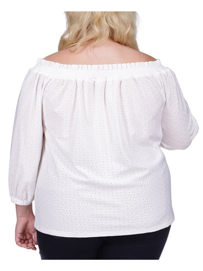 MICHAEL KORS Womens White Eyelet Smocked Elastic Cuffs Unlined 3/4 Sleeve Boat Neck Top Plus 2X