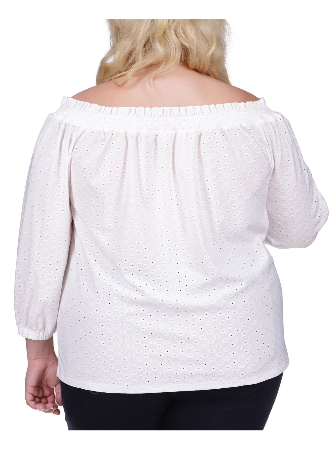 MICHAEL MICHAEL KORS Womens White Eyelet Smocked Elastic Cuffs Unlined 3/4 Sleeve Boat Neck Top Plus 1X