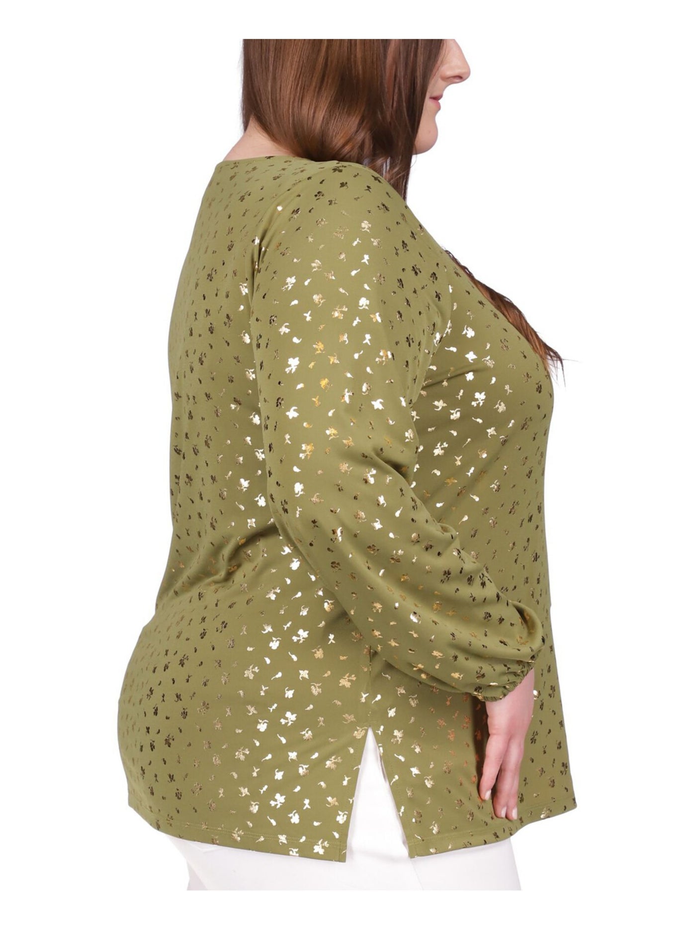 MICHAEL KORS Womens Green Zippered Metallic Slitted Printed Long Sleeve V Neck Top Plus 1X