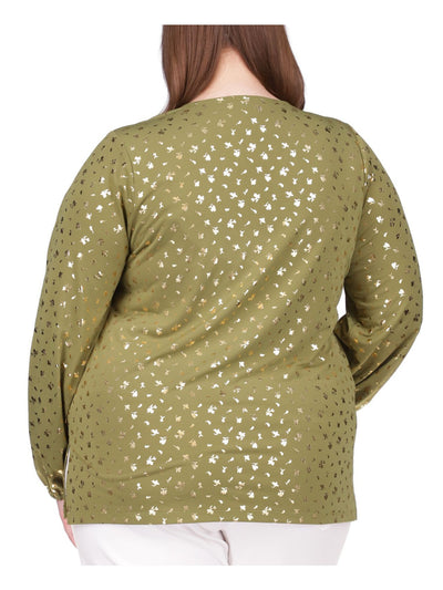 MICHAEL KORS Womens Green Zippered Metallic Slitted Printed Long Sleeve V Neck Top Plus 3X
