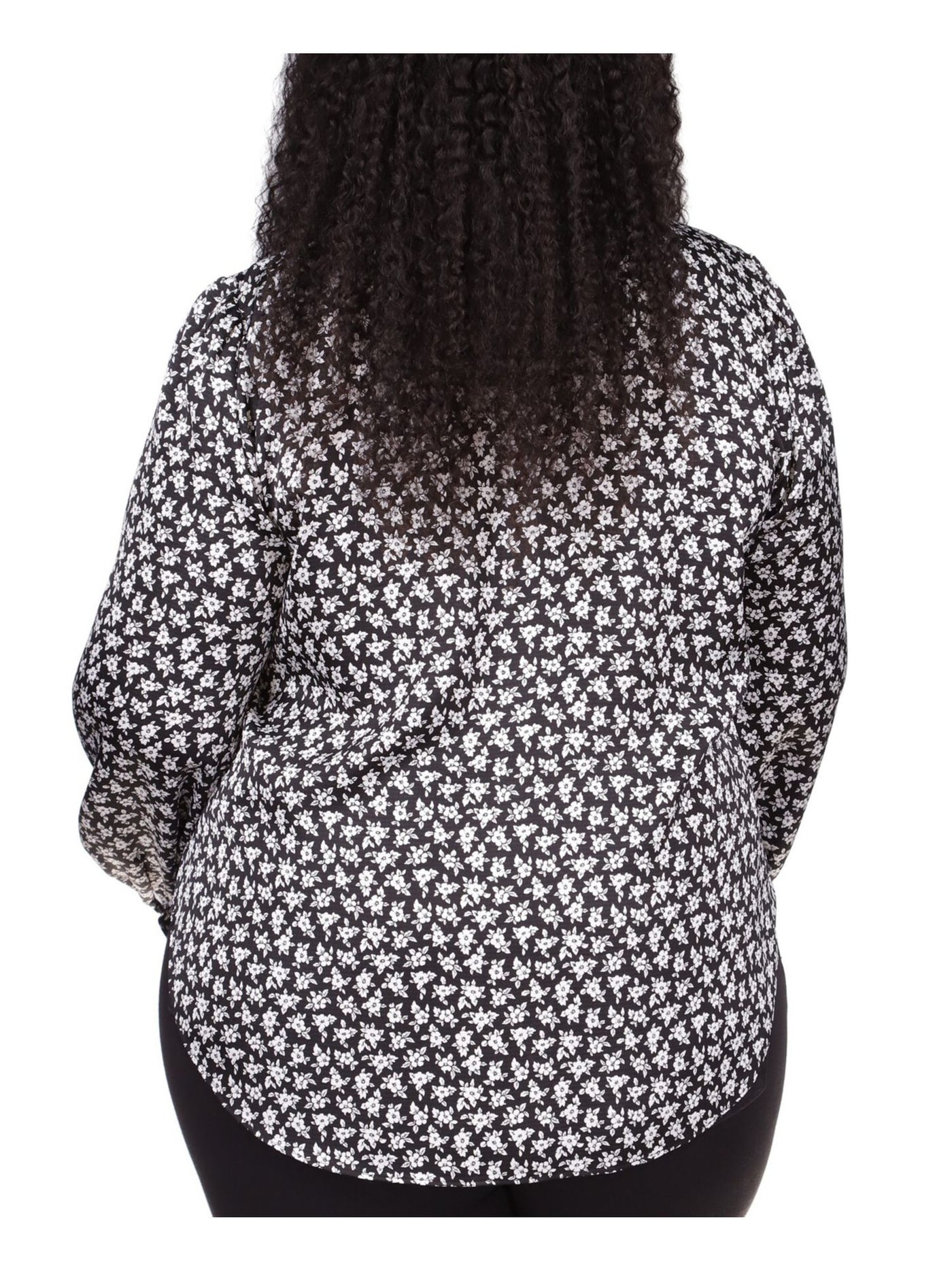 MICHAEL KORS Womens Black Pleated Unlined Round Hem Floral Long Sleeve V Neck Blouse Plus 0X