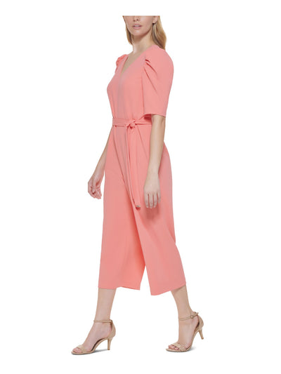 TOMMY HILFIGER Womens Coral Zippered Textured Tie Waist Pouf Sleeve V Neck Wear To Work Wide Leg Jumpsuit 8