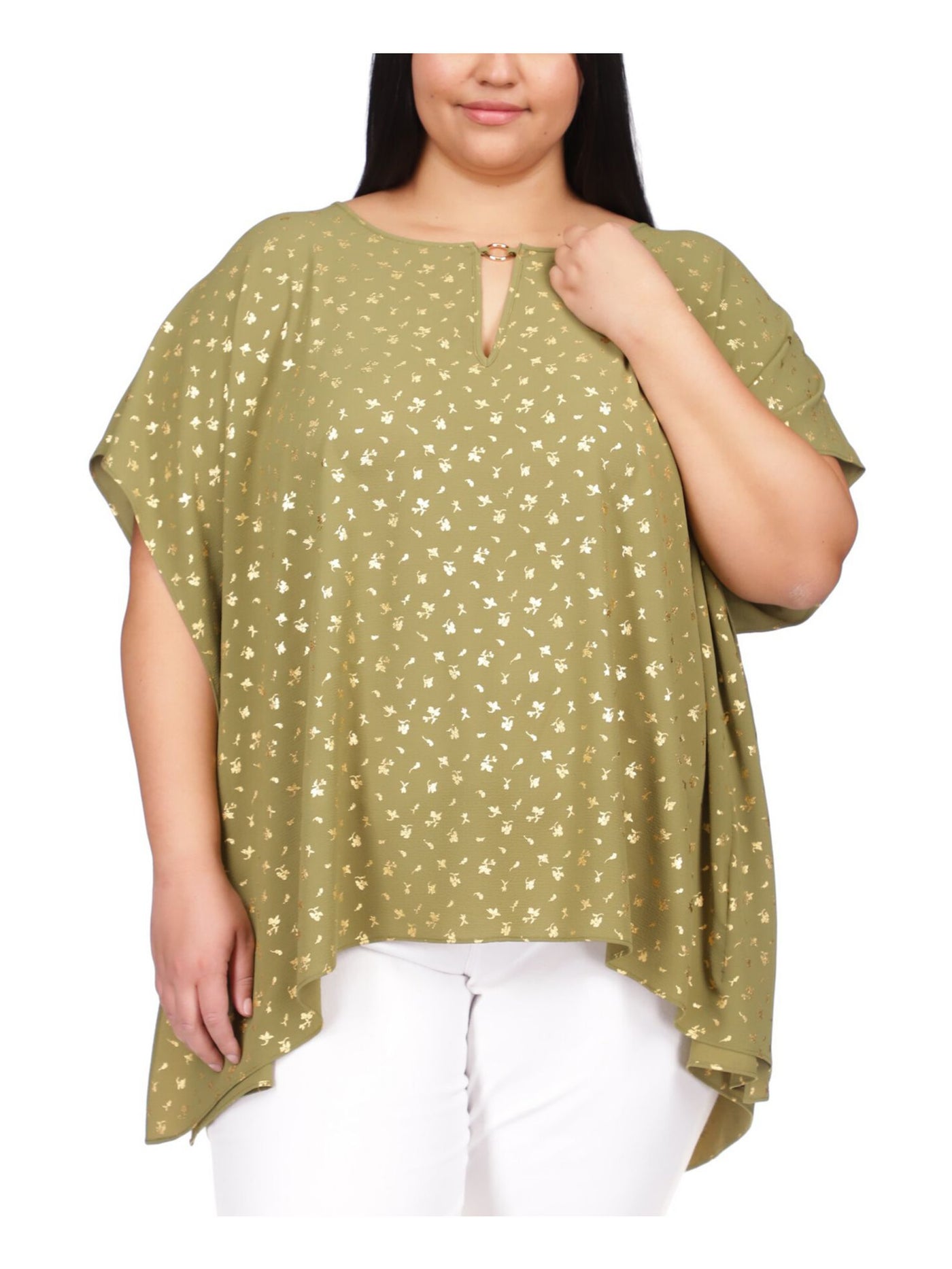 MICHAEL KORS Womens Flutter Sleeve Metallic Ring Asymmetrical Hem Keyhole Top