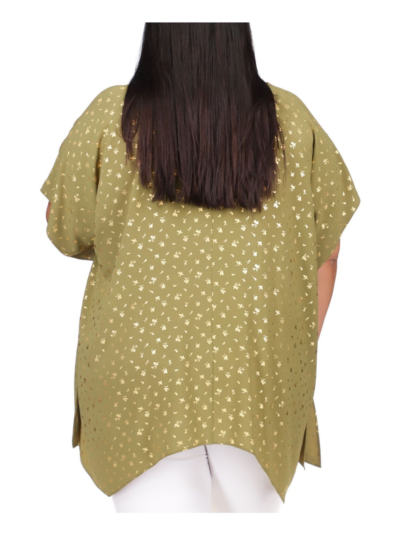 MICHAEL KORS Womens Flutter Sleeve Metallic Ring Asymmetrical Hem Keyhole Top