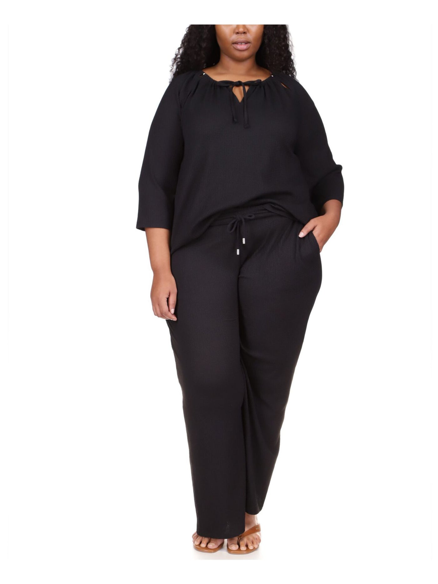 MICHAEL MICHAEL KORS Womens Black Textured Wide Leg Drawstring Waist High Waist Pants Plus 2X