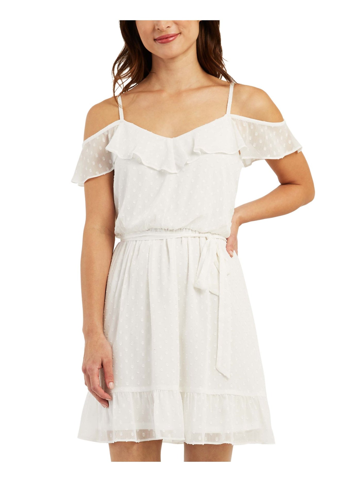 BCX Womens White Ruffled Sheer Adjustable Straps Tie Lined Flutter Sleeve Off Shoulder Above The Knee Party A-Line Dress XS