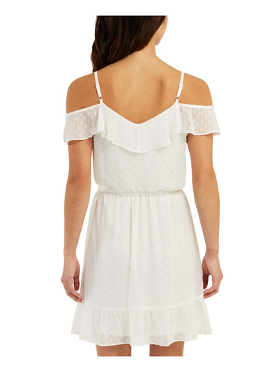 BCX Womens White Ruffled Sheer Adjustable Straps Tie Lined Flutter Sleeve Off Shoulder Above The Knee Party A-Line Dress XS