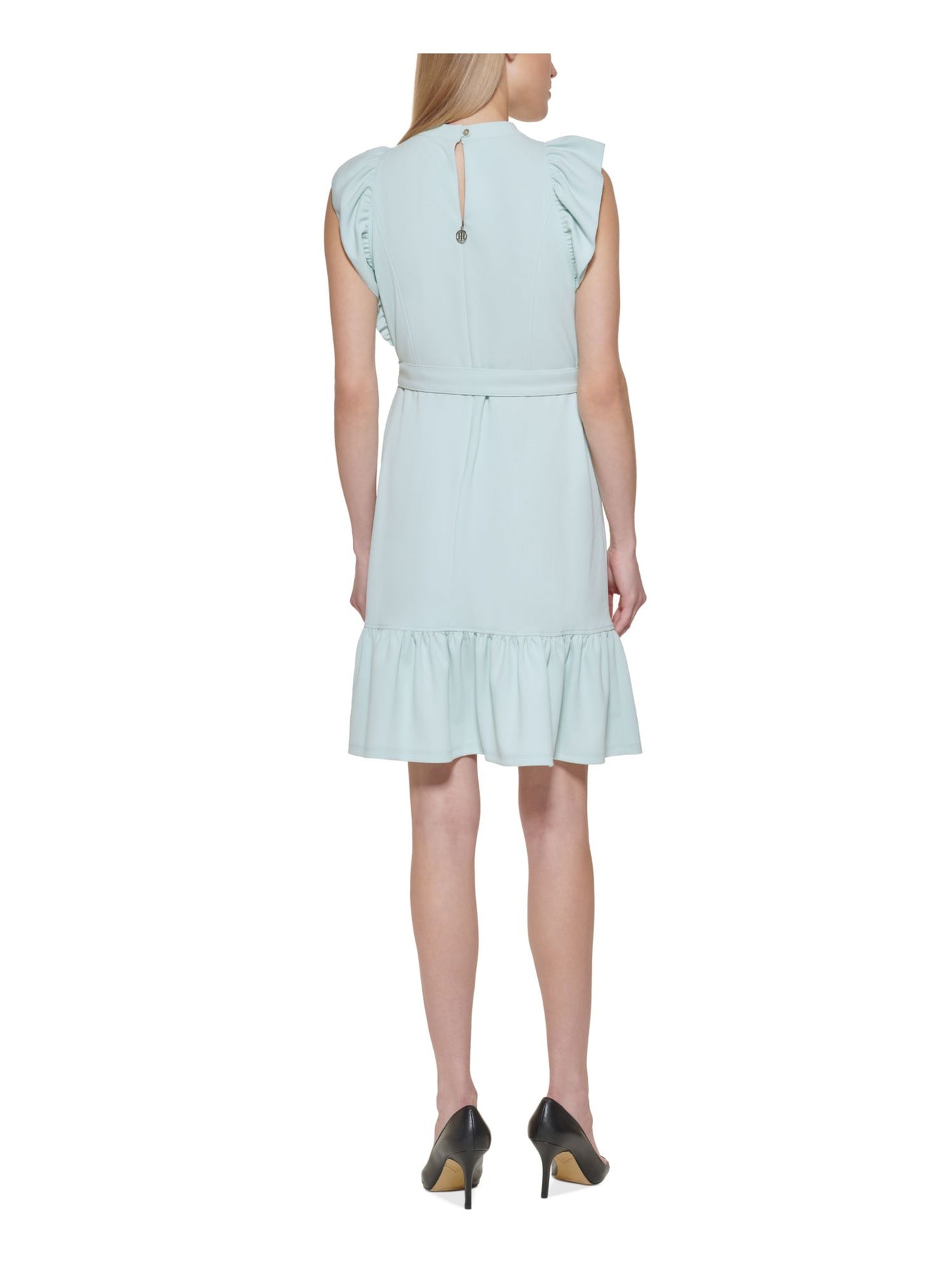 TOMMY HILFIGER Womens Light Blue Ruffled Belted Zippered Sleeveless Mock Neck Above The Knee Party Fit + Flare Dress 18