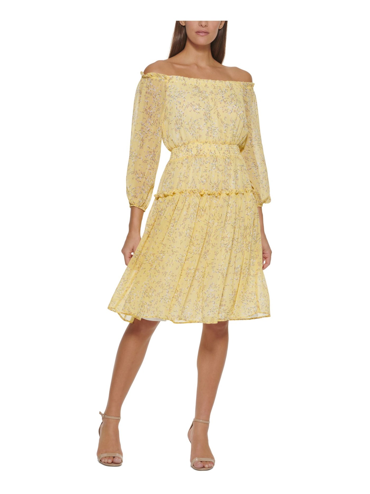 TOMMY HILFIGER Womens Yellow Sheer Ruffled Elasticized Lined Smocked Floral 3/4 Sleeve Off Shoulder Above The Knee Fit + Flare Dress 16
