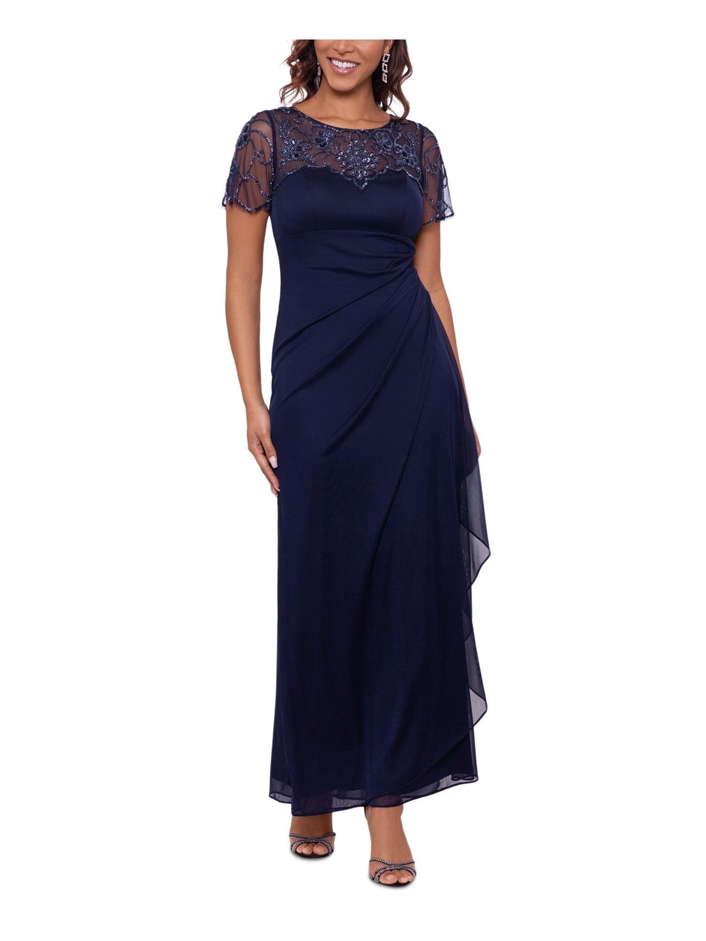 XSCAPE Womens Navy Embellished Zippered Pleated Drape Skirt Short Sleeve Boat Neck Full-Length Evening Gown Dress 16