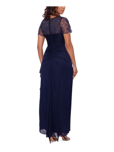 XSCAPE Womens Navy Embellished Zippered Pleated Drape Skirt Short Sleeve Boat Neck Full-Length Evening Gown Dress 16