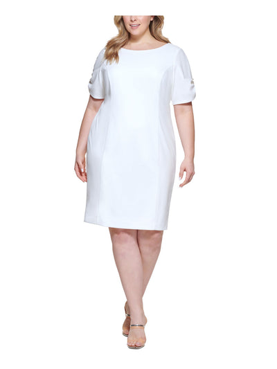 DKNY Womens Ivory Ruched Zippered Beaded Lined Short Sleeve Round Neck Above The Knee Wear To Work Sheath Dress Plus 22W