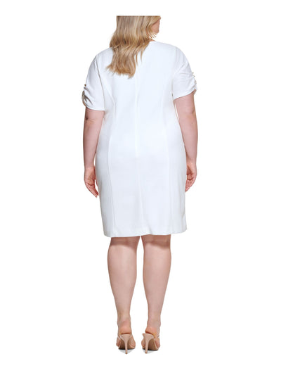 DKNY Womens Ivory Ruched Zippered Beaded Lined Short Sleeve Round Neck Above The Knee Wear To Work Sheath Dress Plus 22W