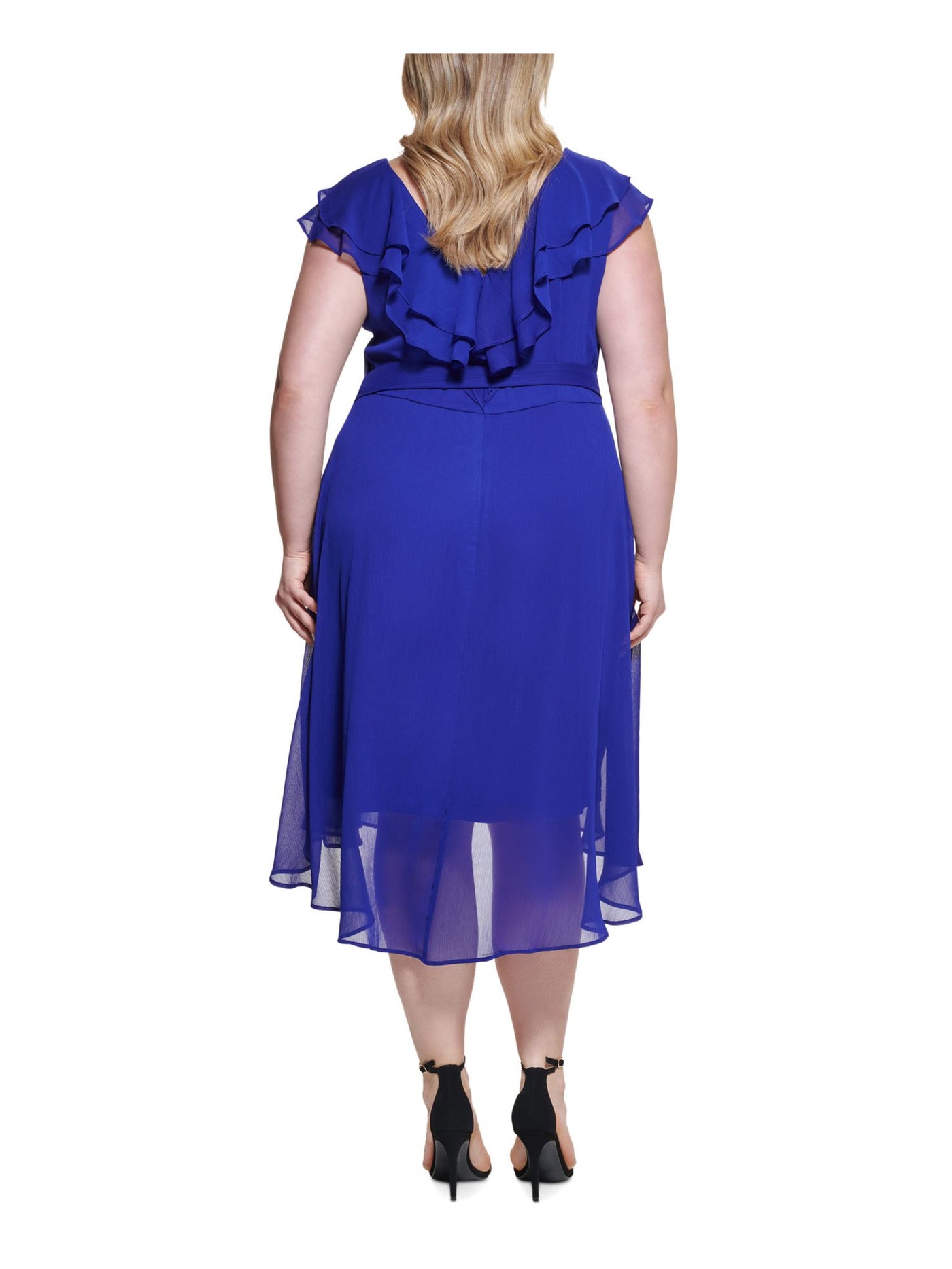 DKNY Womens Blue Zippered Ruffled Sheer Lined Tie Belt Darted Cap Sleeve V Neck Below The Knee Fit + Flare Dress Plus 18W