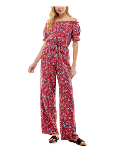 KINGSTON GREY Womens Burgundy Ruffled Self Tie Belt Pull On Style Floral Short Sleeve Off Shoulder Straight leg Jumpsuit XS