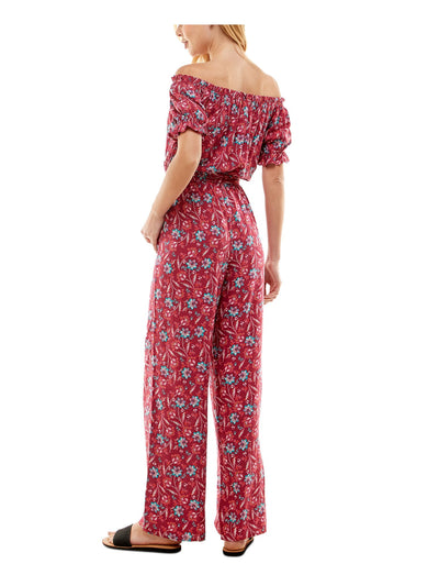 KINGSTON GREY Womens Burgundy Ruffled Self Tie Belt Pull On Style Floral Short Sleeve Off Shoulder Straight leg Jumpsuit XXS