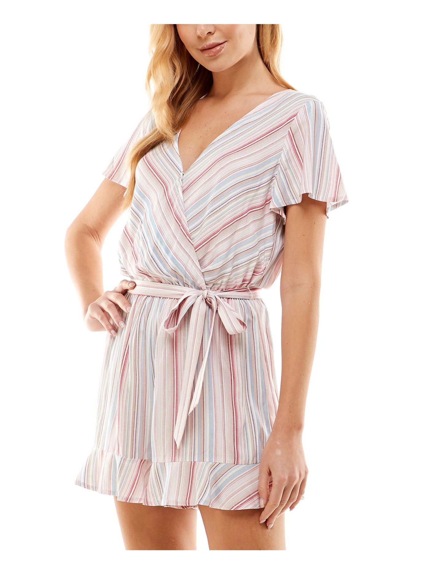 BEBOP Womens Pink Ruffled Pull-on Self-tie Belt Striped Flutter Sleeve Surplice Neckline Wide Leg Romper Juniors S