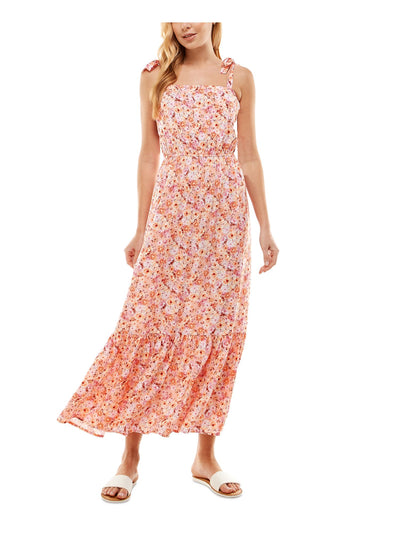 KINGSTON GREY Womens Coral Tie Floral Sleeveless Square Neck Maxi Fit + Flare Dress Juniors XS