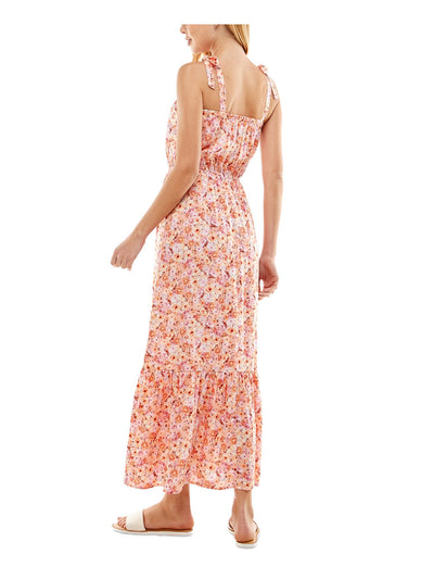 KINGSTON GREY Womens Orange Tie Floral Sleeveless Square Neck Maxi Fit + Flare Dress Juniors S