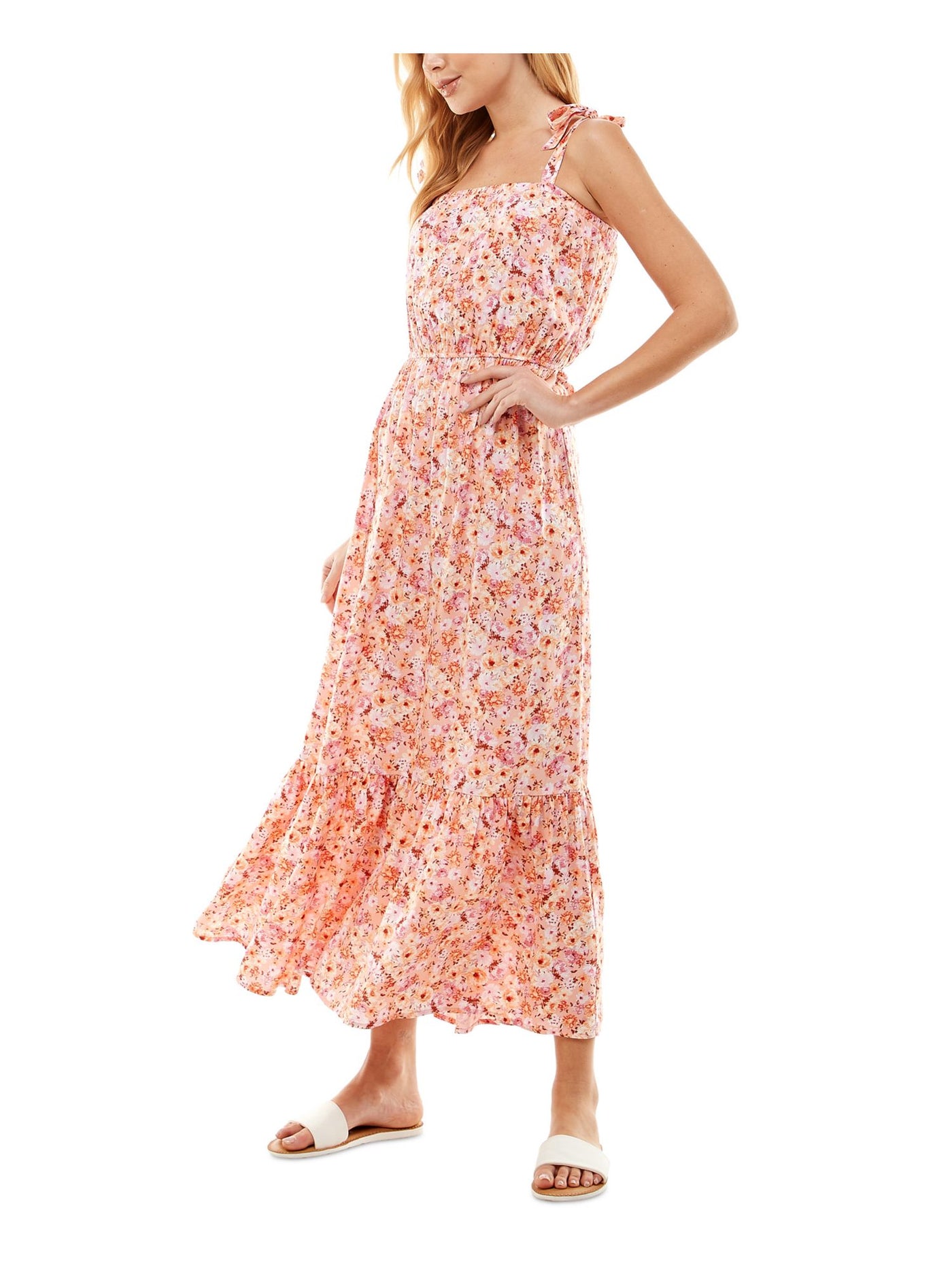 KINGSTON GREY Womens Orange Tie Floral Sleeveless Square Neck Maxi Fit + Flare Dress Juniors S