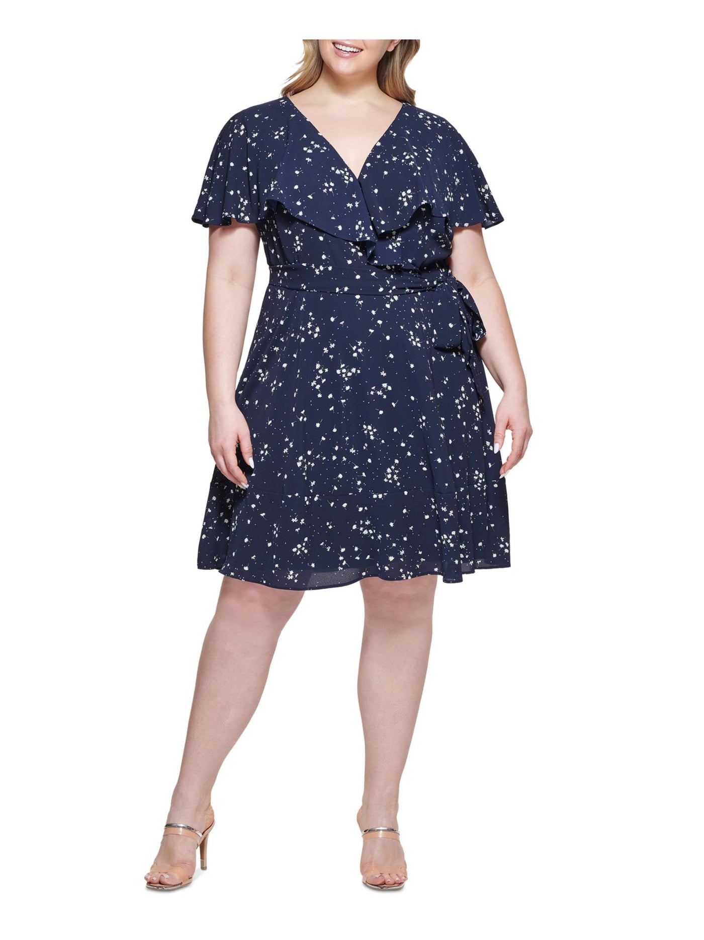 DKNY Womens Navy Zippered Textured Tie Belt Ruffled Sheer Lined Floral Flutter Sleeve V Neck Above The Knee Fit + Flare Dress 22W