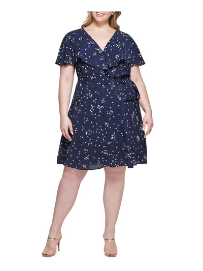 DKNY Womens Navy Zippered Textured Tie Belt Ruffled Sheer Lined Floral Flutter Sleeve V Neck Above The Knee Fit + Flare Dress Plus 18W